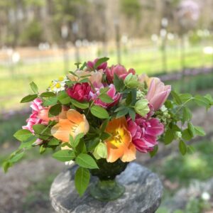 Spring Flowers Vintage Green Compote Vase